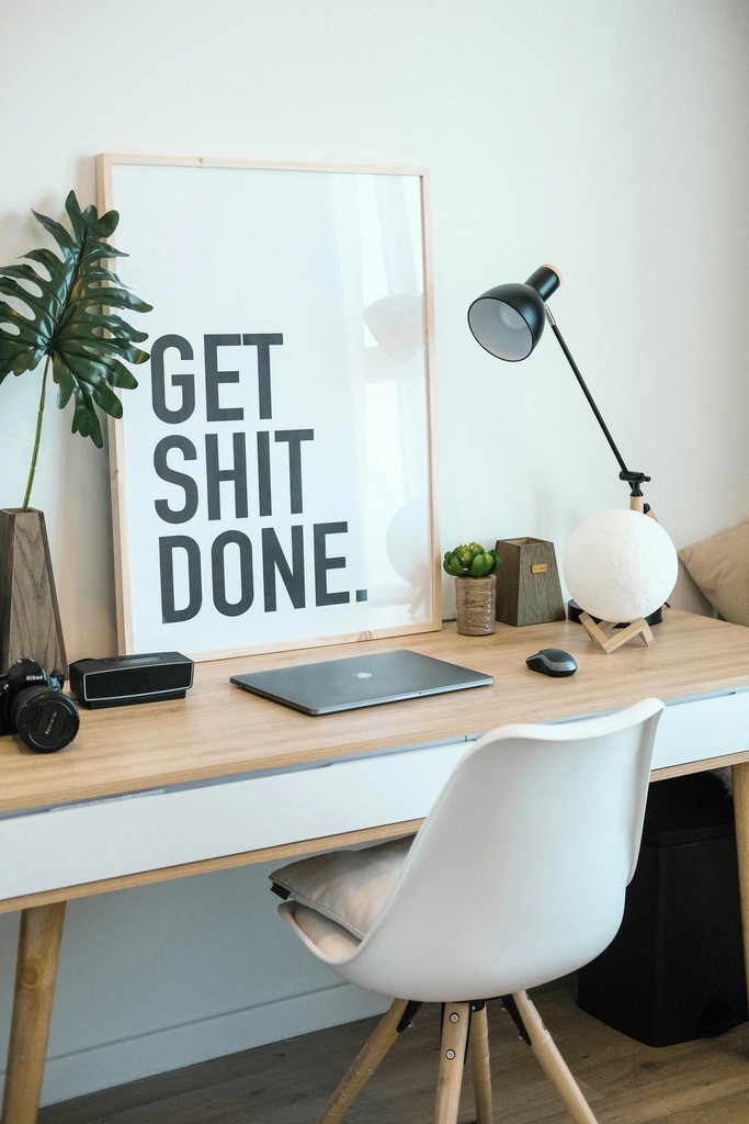 Workspace with 'GET SHIT DONE' poster